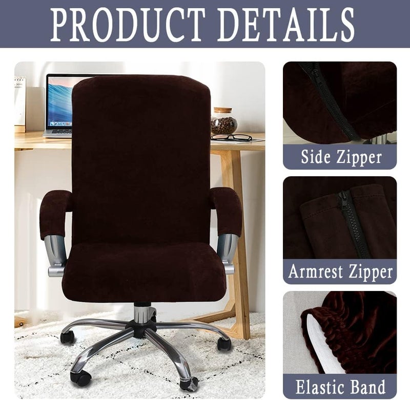 ITFRO 3 Piece Office Chair Cover with Armrest Covers Velvet Computer Desk Chair Cover with Zipper Universal Rotating Gaming Chair Slipcover High Back Chair Seat Protector (Brown) - Image 1